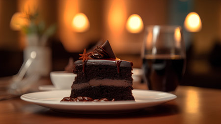 Chocolate cake on a plate on a wooden table in a restaurantの素材