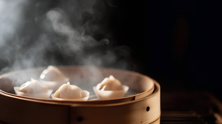 Chinese steamed dumplings in bamboo steamer on dark backgroundの素材