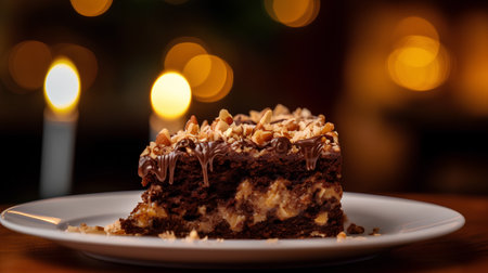 Chocolate cake with nuts on a white plate on a wooden table.の素材
