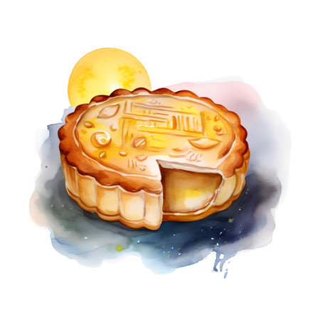 Hand drawn watercolor illustration of a moon cake on a white backgroundの素材