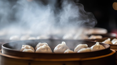 Chinese steamed dumplings in bamboo steamer on dark backgroundの素材