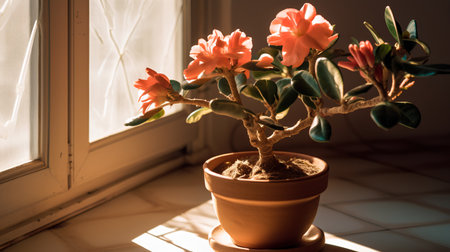 Beautiful azalea flowers in a pot on the windowsillの素材