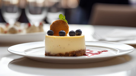 Cheesecake with berries on a white plate. Close-up.の素材