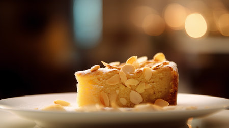 Cake with almond on a white plate. Shallow depth of field.の素材
