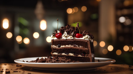 Piece of chocolate cake with cherry on top on a wooden tableの素材
