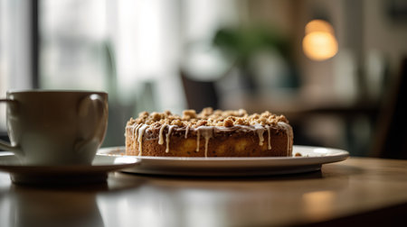 Coffee cup and cake on wooden table in coffee shop.の素材