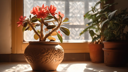 Beautiful houseplant in a clay pot on the windowsill.の素材