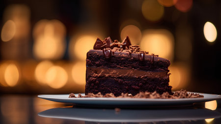 Chocolate cake on a white plate on a dark background. Selective focus.の素材