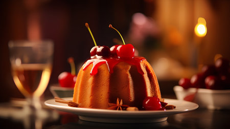 Chocolate cake with cherries on a dark background. Selective focus.の素材