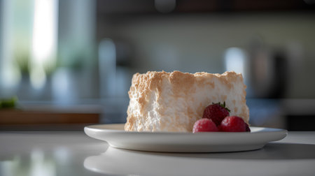 Piece of cake with raspberries on a plate in the kitchenの素材