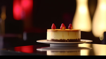 Delicious cheesecake with strawberries on a white plate on a dark backgroundの素材