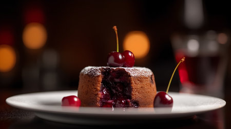 Chocolate cake with cherries on a dark background. Selective focus.の素材
