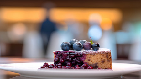 Piece of cake with blueberries and cranberries on a white plateの素材