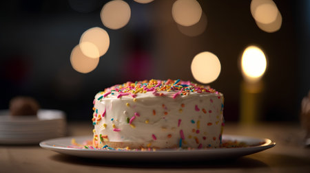 Birthday cake with colorful sprinkles on a wooden table. Selective focus.の素材