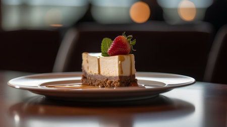 Piece of chocolate cheesecake with strawberry on a plate in cafeの素材