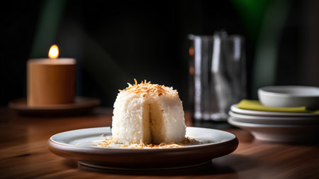 Piece of coconut cake on a plate with a candle in the backgroundの素材