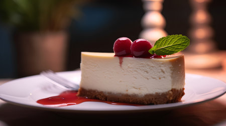Cheesecake with cherries and mint on a white plate.の素材