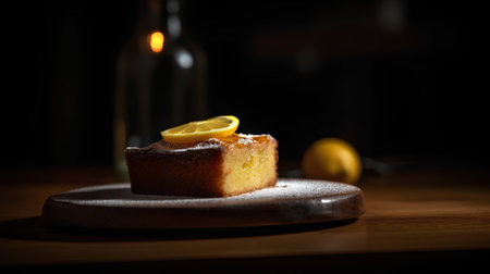 Cake with lemon on a wooden board in a dark room.の素材
