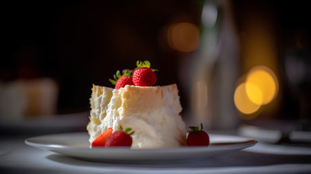 Cake with strawberries on a white plate. Selective focus.の素材