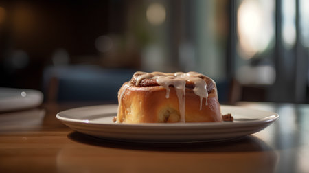 Cinnamon roll on white plate on wooden table. Selective focus.の素材
