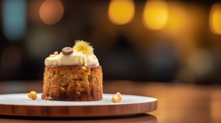 Cupcake with cream and nuts on a wooden table in a cafeの素材