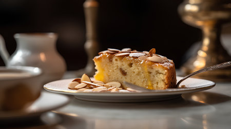 Coffee cake with almonds on a wooden table. Selective focus.の素材