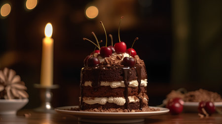Chocolate cake with cherries and whipped cream on a dark backgroundの素材