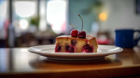 Cherry cake on the table in a cafe. Selective focus.の素材
