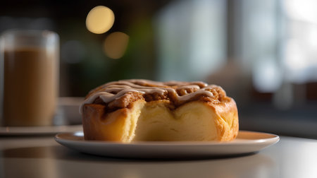 Cinnamon roll with sugar glaze on a table in a cafeの素材