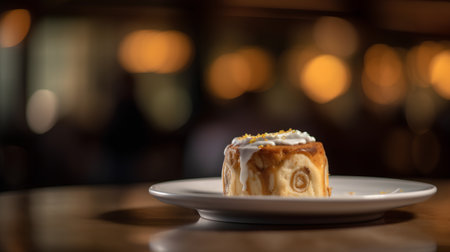 Cake with cream on a white plate on a wooden table in a cafeの素材