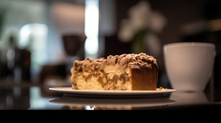 A piece of cake on a plate with a cup of coffee in the backgroundの素材