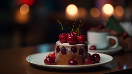 Chocolate cake with cherries on a white plate. Selective focus.の素材