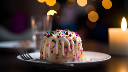 Cake with colorful sprinkles on a plate and burning candles in the backgroundの素材