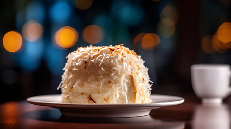 Cake with coconut on a dark background. Selective focus.の素材