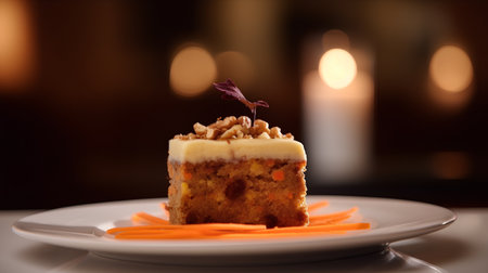 Slice of carrot cake on a plate with candles in the backgroundの素材