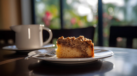 Slice of cheesecake with coffee cup on table in coffee shopの素材