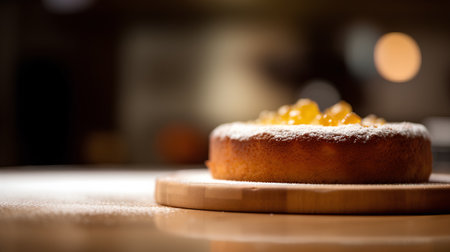 Cake with orange jam on a wooden board. Selective focus.の素材
