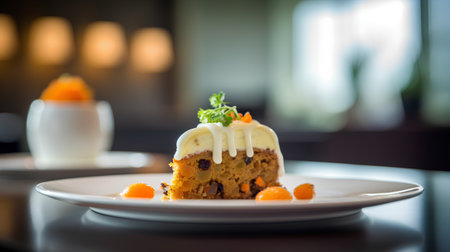 Piece of cake with apricot on a white plate.の素材