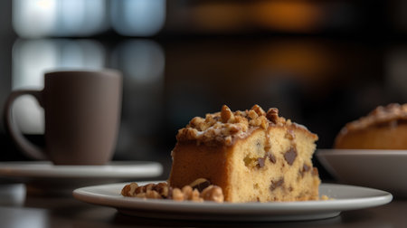 Cake with nuts and a cup of coffee on a dark backgroundの素材