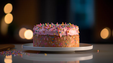 Birthday cake with colorful sprinkles on the table. 3d renderingの素材