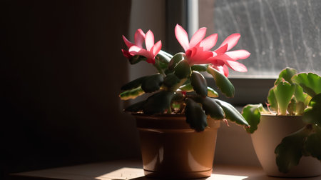 Pink blooming Christmas cactus in a pot on a windowsillの素材