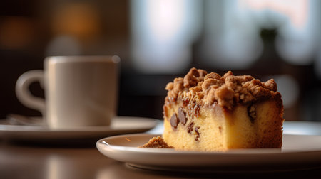 Cup of coffee with cake on table in cafe. Selective focus.の素材