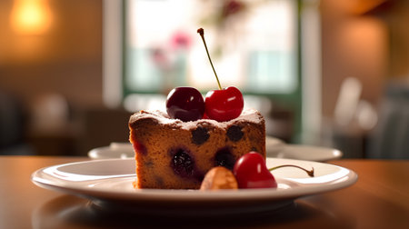 Chocolate cake with cherries on a wooden table in a cafeの素材