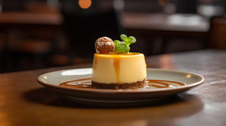 Panna cotta with caramel and mint on a wooden table.の素材