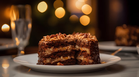 Chocolate cake with nuts on a white plate on a background of a blurred Christmas treeの素材