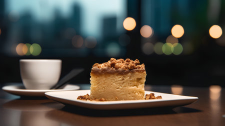 A piece of cake on a plate with a cup of coffee in the backgroundの素材