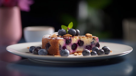 Cake with blueberries and hazelnuts on a white plateの素材