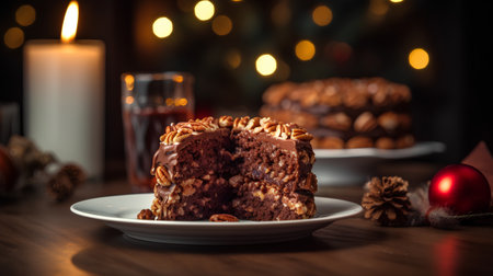 Christmas chocolate cake with nuts on a wooden table, selective focus.の素材