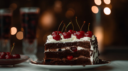 Chocolate cake with cherries on a dark background, selective focusの素材