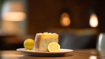 Lemon cake on the table in a cafe. Selective focus.の素材